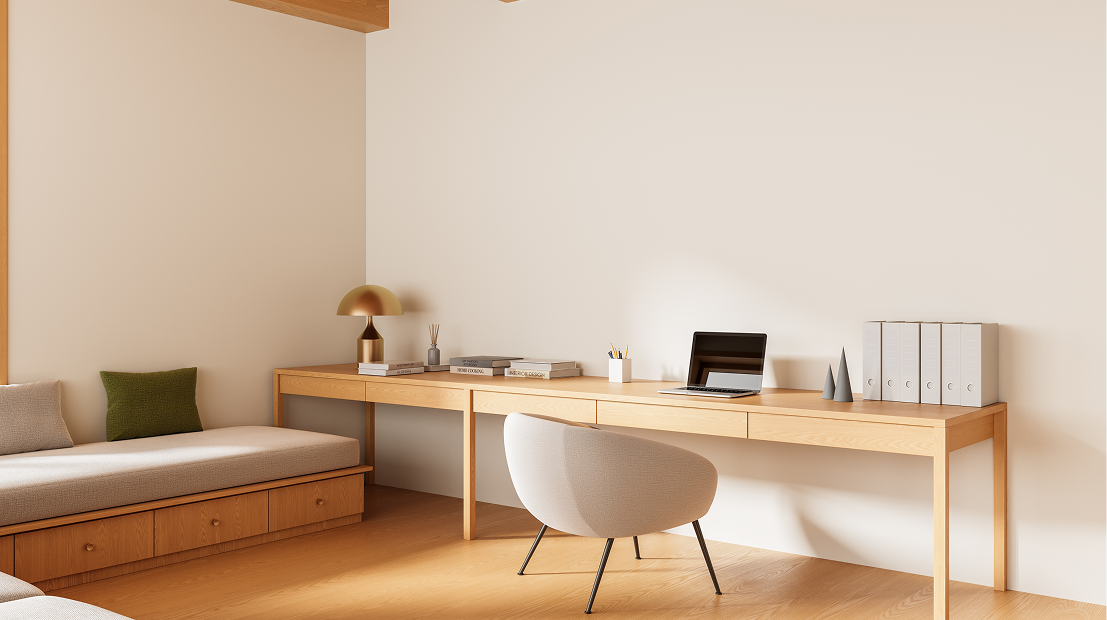 Minimalist home office with wooden desk