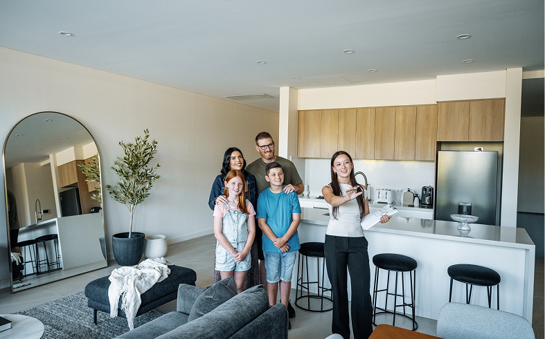 Family in modern kitchen interior