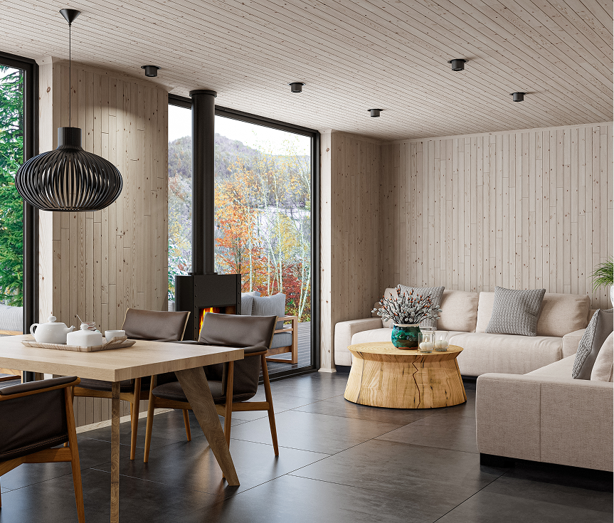 Modern living room with wooden accents